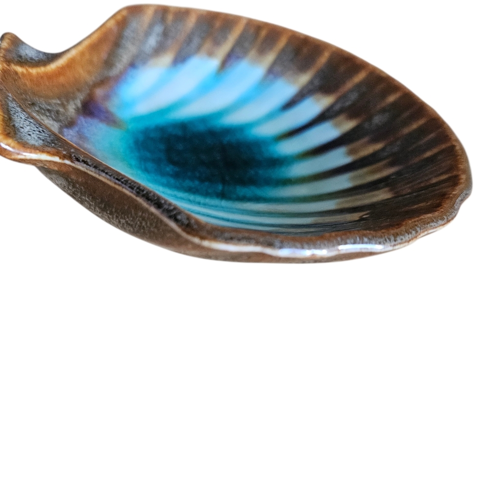 Vintage Coastal Seashell Trinket Dish 4.5 Brown Aqua Ceramic Decor ms93 - Picture 3 of 4